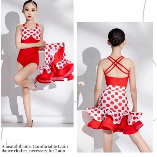 Red with white polka dot latin dance dresses for kids girls children ballroom salsa rumba chacha dancing costumes for Girls